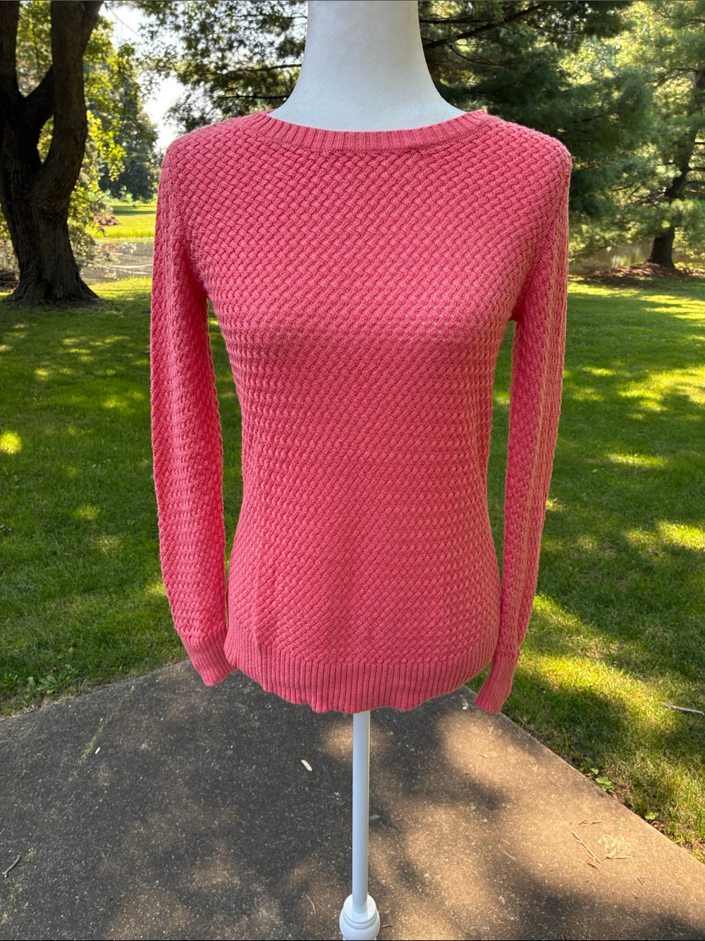 LOFT Bright Coral Pink Textured Crewneck Knit Top